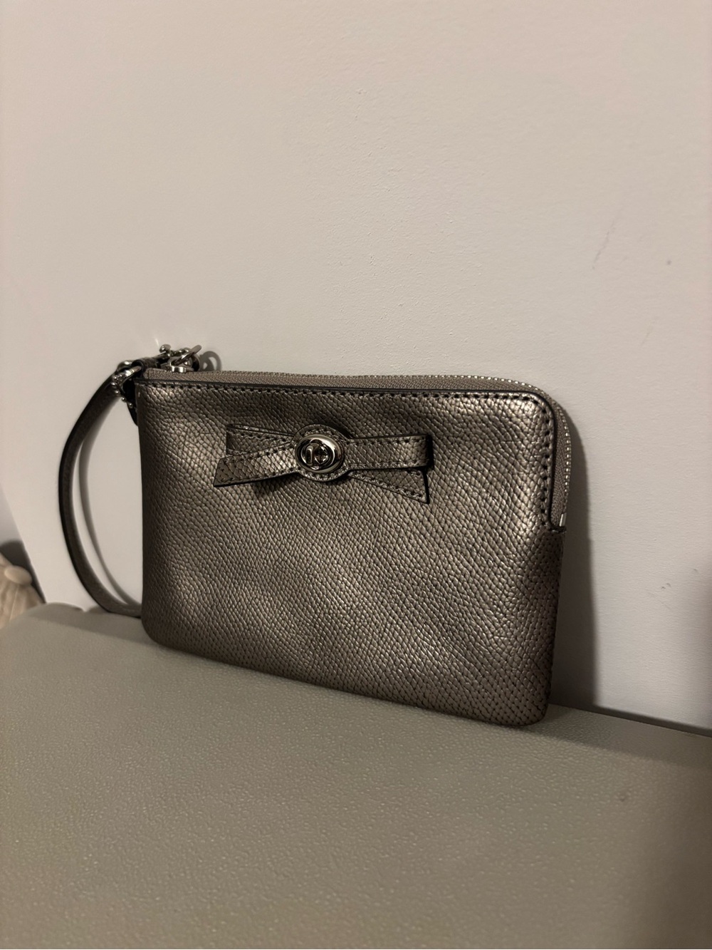 Coach Metallic Pewter Wristlet with Bow Detail